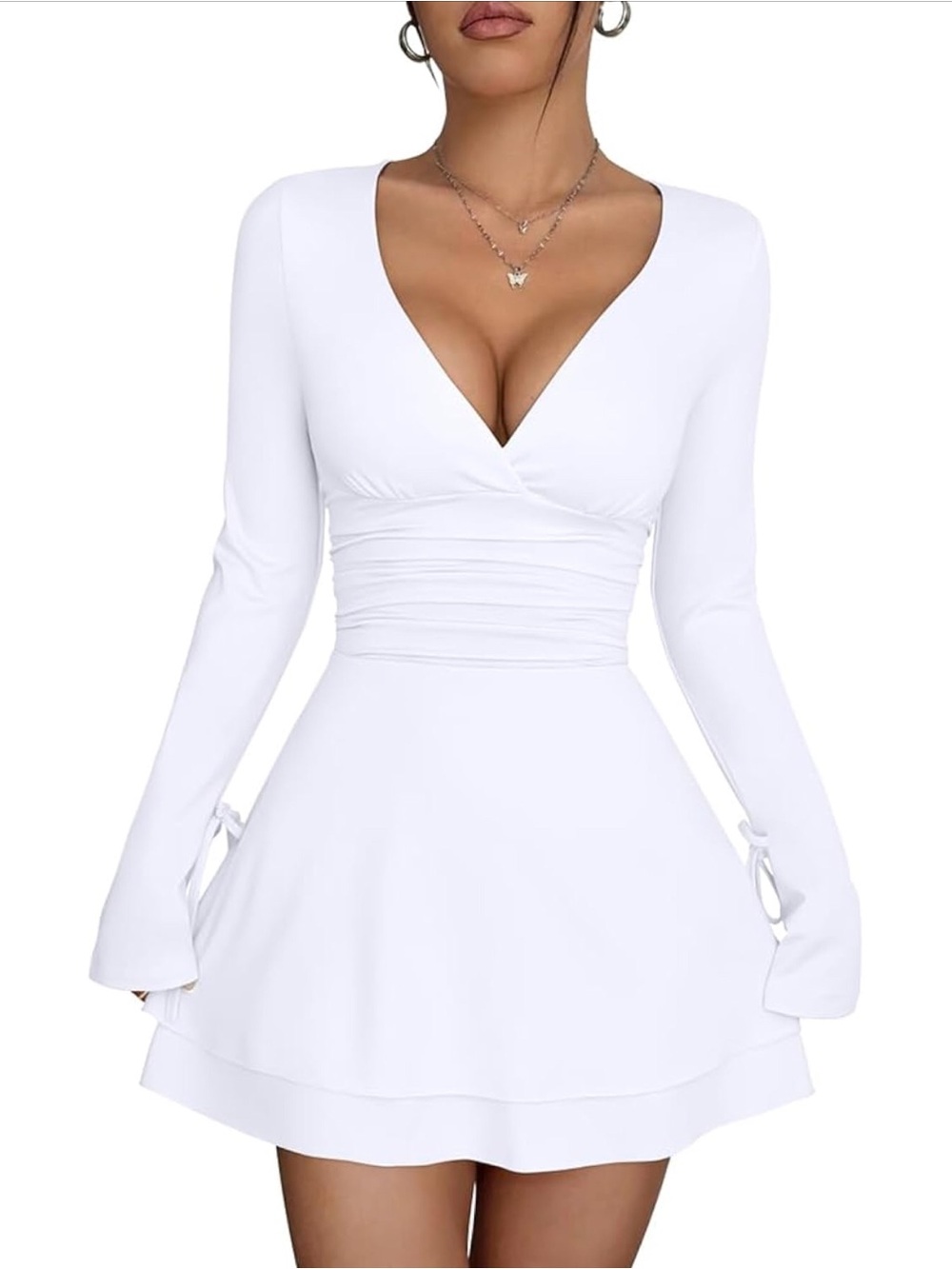 Women’s White Long Sleeve V-Neck Fit & Flare Dress